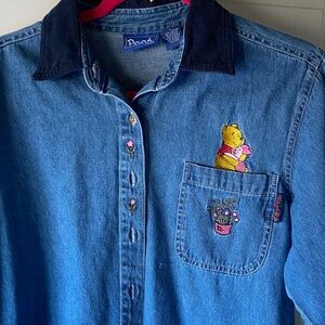 Womens Blue Denim Winnie the Pooh Shirt with Embroidered. 100% Cotton